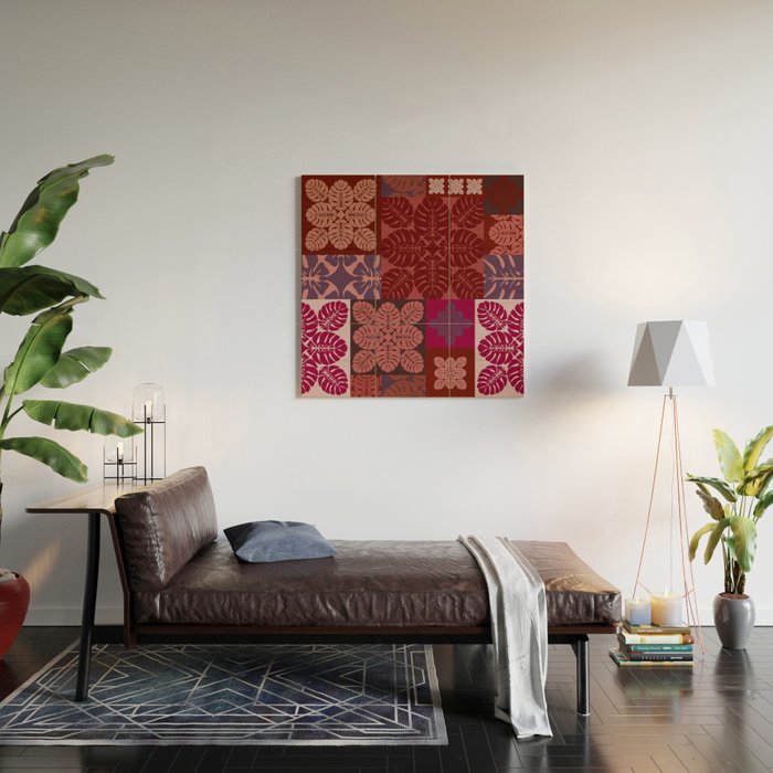 Hawaiian quilt Monstera pattern in maroon Wood Wall Art Gallery Image 2
