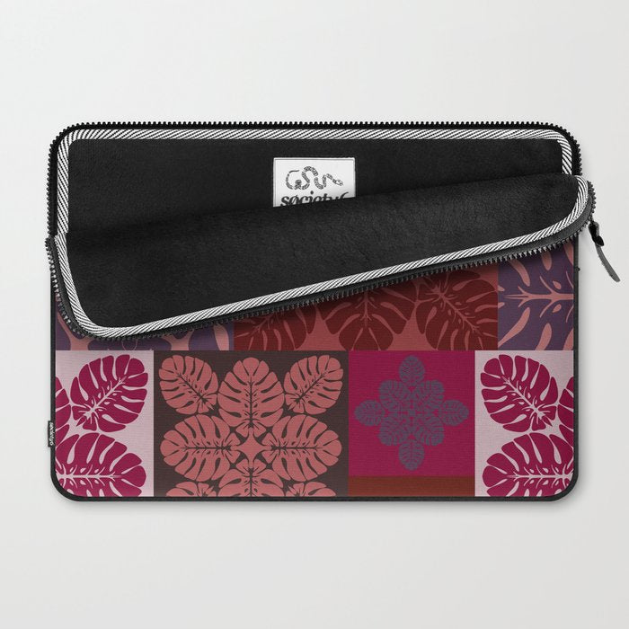 Hawaiian quilt Monstera pattern in maroon Laptop Sleeve Gallery Image 2