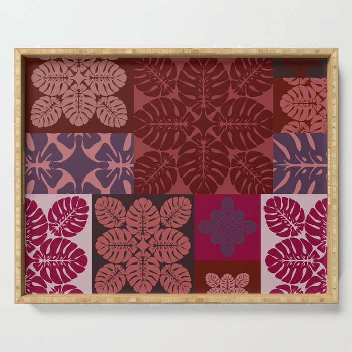 Hawaiian quilt Monstera pattern in maroon Serving Tray Gallery Image 1