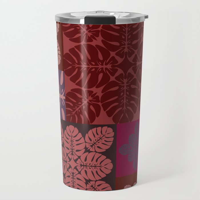 Hawaiian quilt Monstera pattern in maroon Travel Mug Gallery Image 1