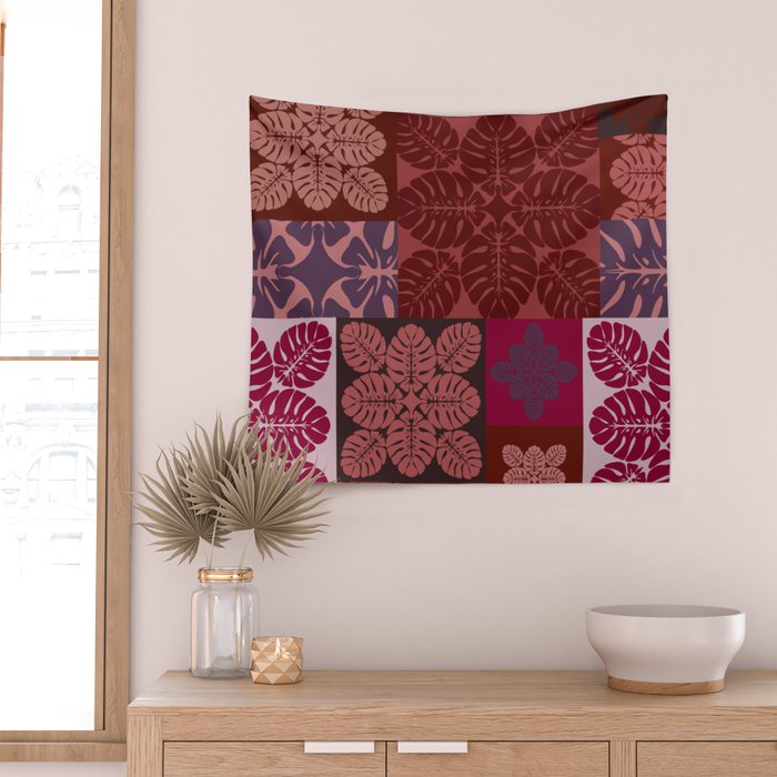 Hawaiian quilt Monstera pattern in maroon Wall Tapestry Gallery Image 2