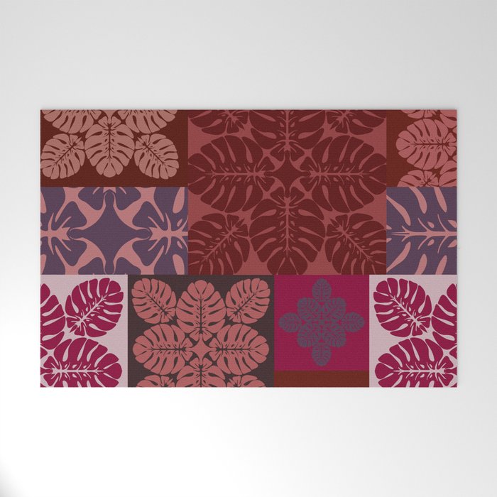 Hawaiian quilt Monstera pattern in maroon Welcome Mat Gallery Image 1