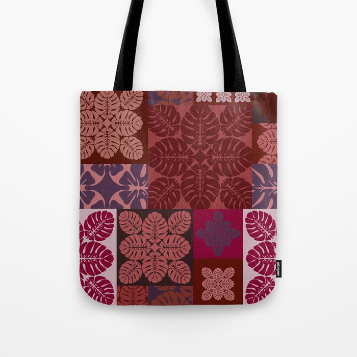 Hawaiian quilt Monstera pattern in maroon Tote Bag Gallery Image 1