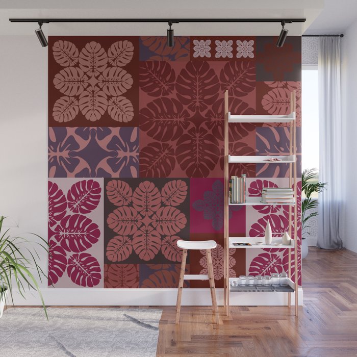 Hawaiian quilt Monstera pattern in maroon Wall Mural Gallery Image 1