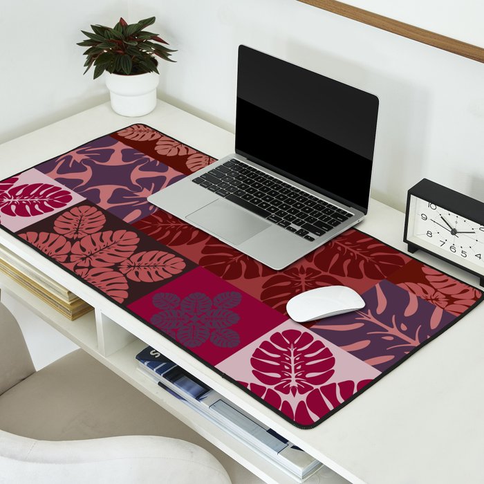 Hawaiian quilt Monstera pattern in maroon Desk Mat Gallery Image 2