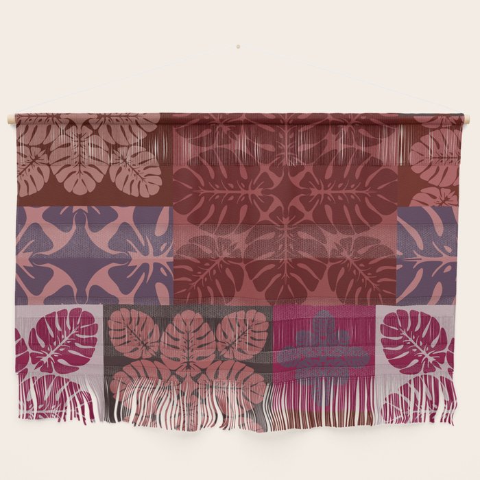 Hawaiian quilt Monstera pattern in maroon Wall Hanging Gallery Image 1