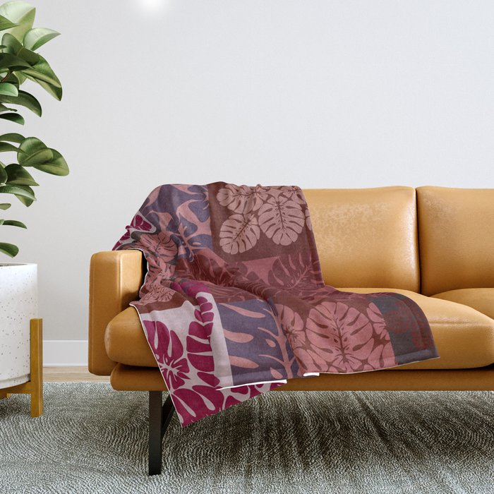 Hawaiian quilt Monstera pattern in maroon Throw Blanket Gallery Image 1