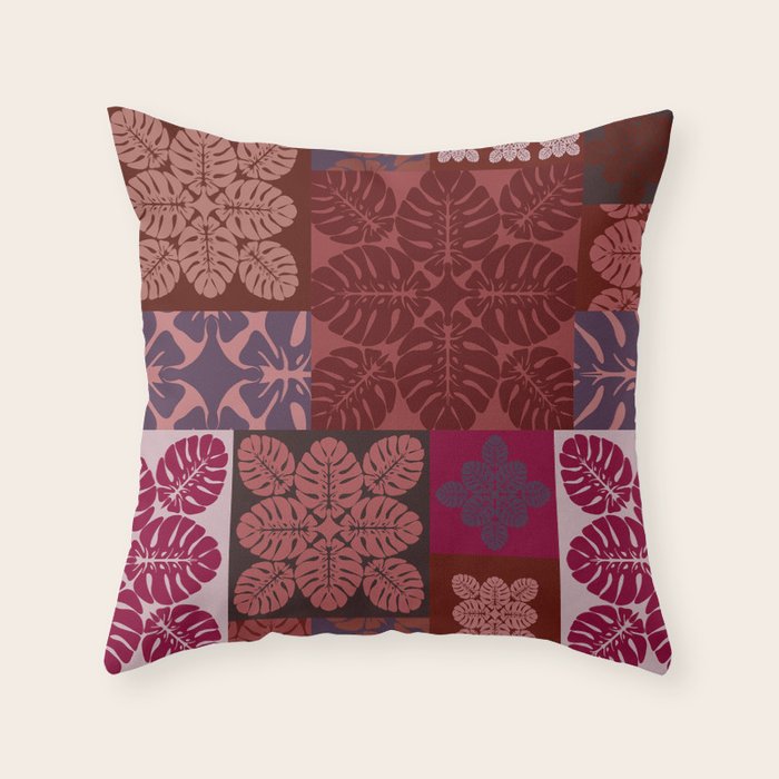 Hawaiian quilt Monstera pattern in maroon Throw Pillow Gallery Image 6