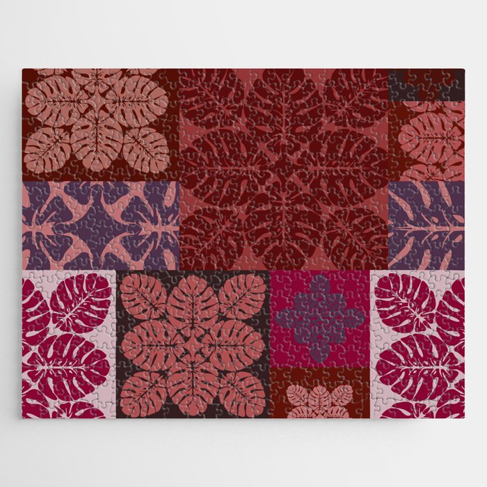 Hawaiian quilt Monstera pattern in maroon Jigsaw Puzzle Gallery Image 1