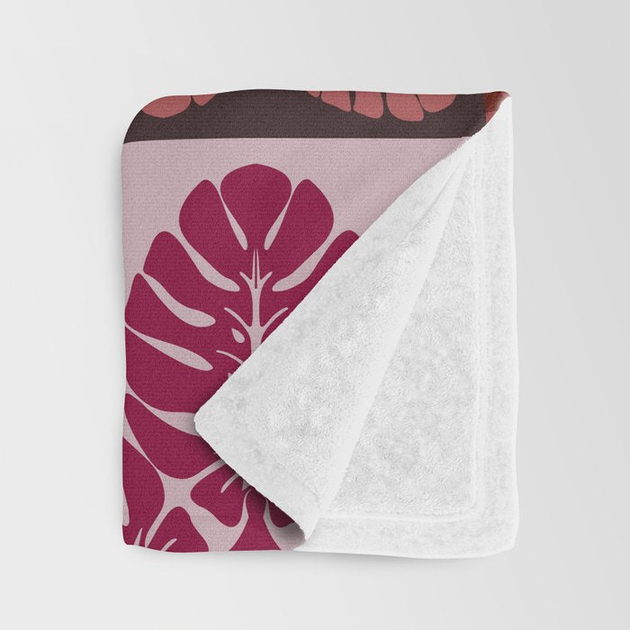 Hawaiian quilt Monstera pattern in maroon Throw Blanket Gallery Image 3