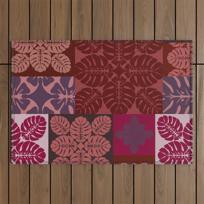 Hawaiian quilt Monstera pattern in maroon Outdoor Rug Gallery Image 1