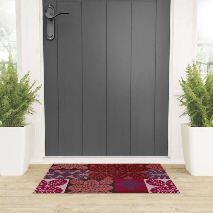 Hawaiian quilt Monstera pattern in maroon Welcome Mat Gallery Image 3