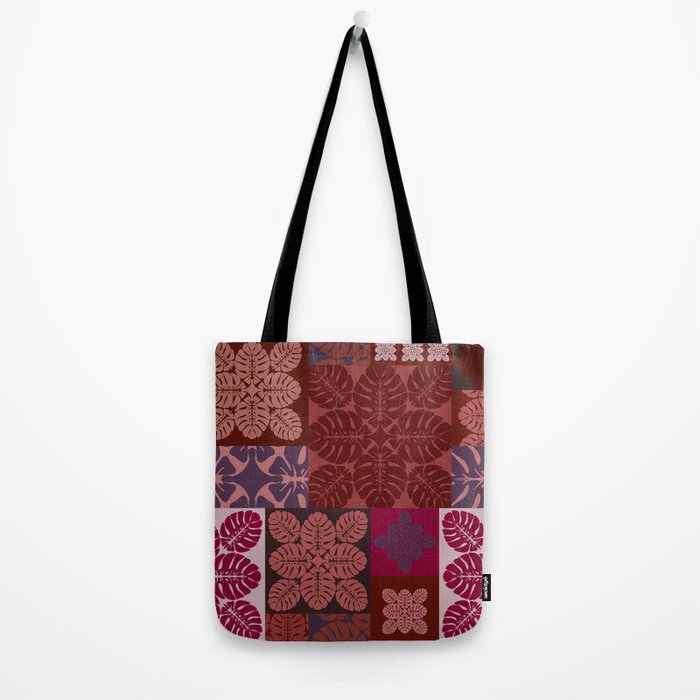 Hawaiian quilt Monstera pattern in maroon Tote Bag Gallery Image 2