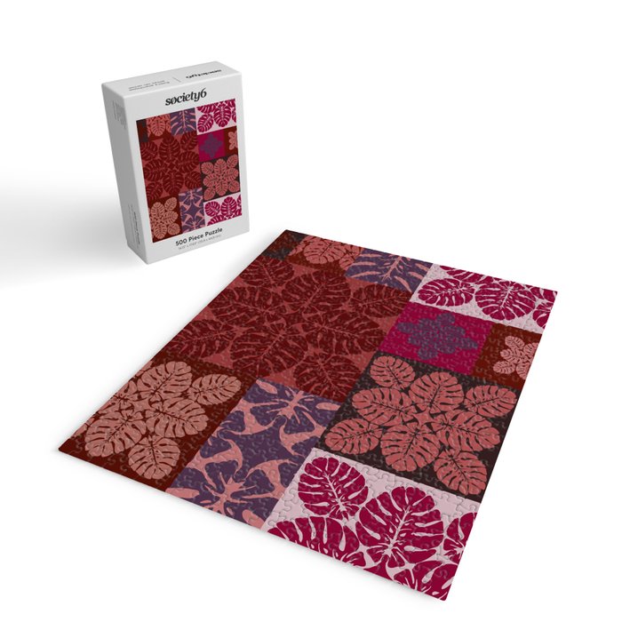 Hawaiian quilt Monstera pattern in maroon Jigsaw Puzzle Gallery Image 2