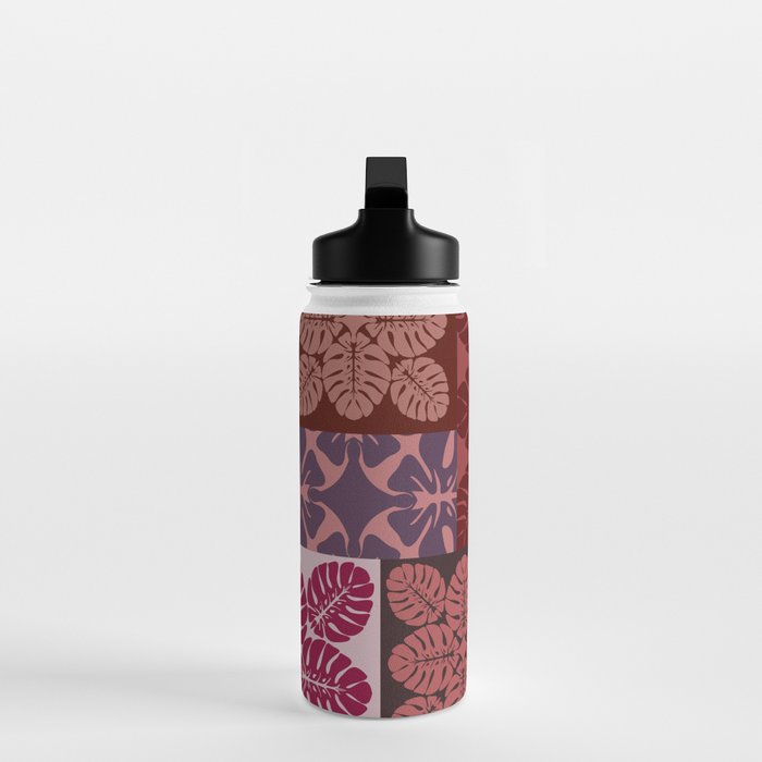 Hawaiian quilt Monstera pattern in maroon Water Bottle Gallery Image 3