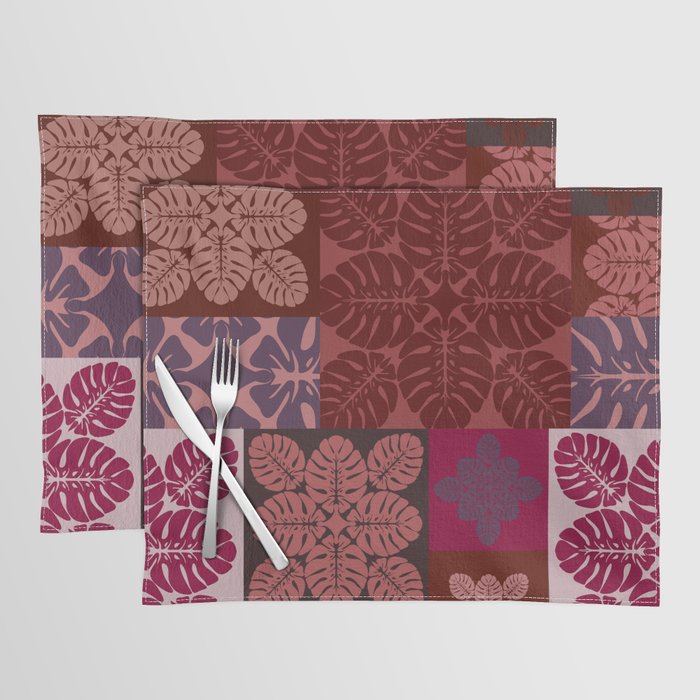 Hawaiian quilt Monstera pattern in maroon Placemat Gallery Image 1