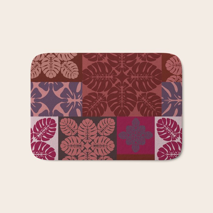 Hawaiian quilt Monstera pattern in maroon Bath Mat Gallery Image 1