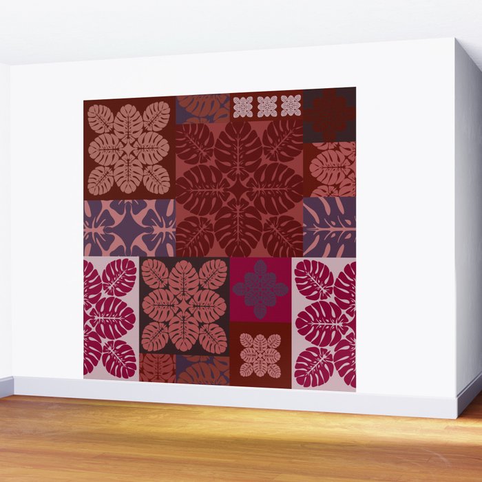 Hawaiian quilt Monstera pattern in maroon Wall Mural Gallery Image 2