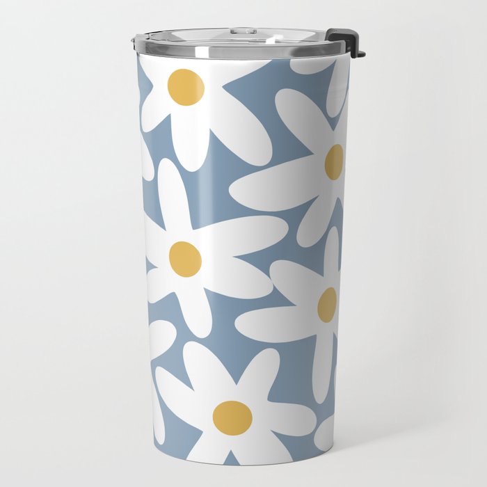 Daisy Time Retro Floral Pattern in Light Blue, White, and Mustard Travel Mug Gallery Image 2