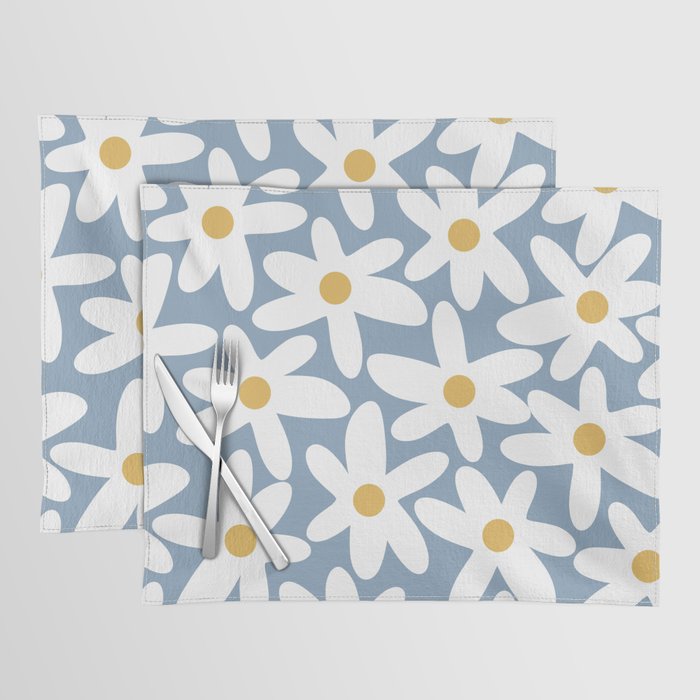Daisy Time Retro Floral Pattern in Light Blue, White, and Mustard Placemat Gallery Image 1