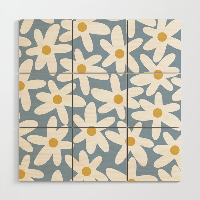 Daisy Time Retro Floral Pattern in Light Blue, White, and Mustard Wood Wall Art Gallery Image 1