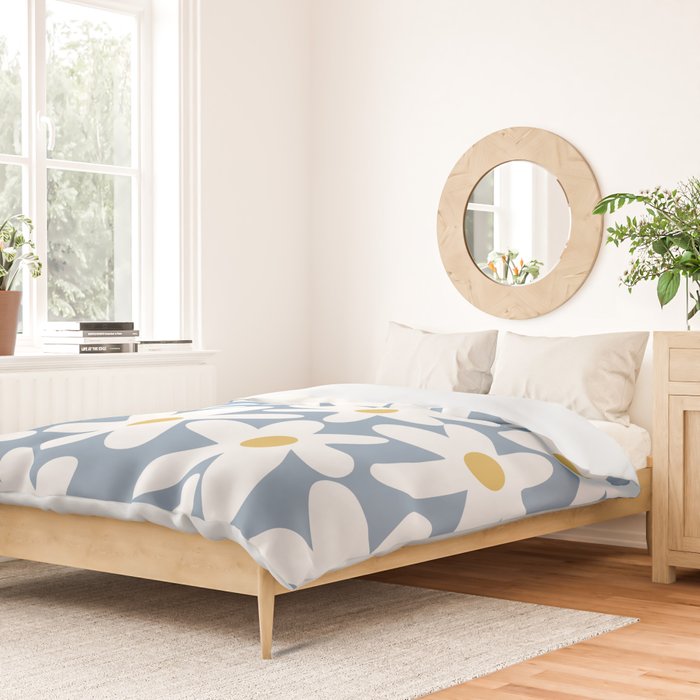 Daisy Time Retro Floral Pattern in Light Blue, White, and Mustard Duvet Cover Gallery Image 2