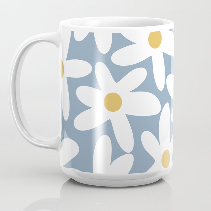 Daisy Time Retro Floral Pattern in Light Blue, White, and Mustard Coffee Mug Gallery Image 3