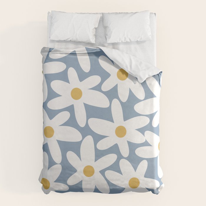 Daisy Time Retro Floral Pattern in Light Blue, White, and Mustard Duvet Cover Gallery Image 6