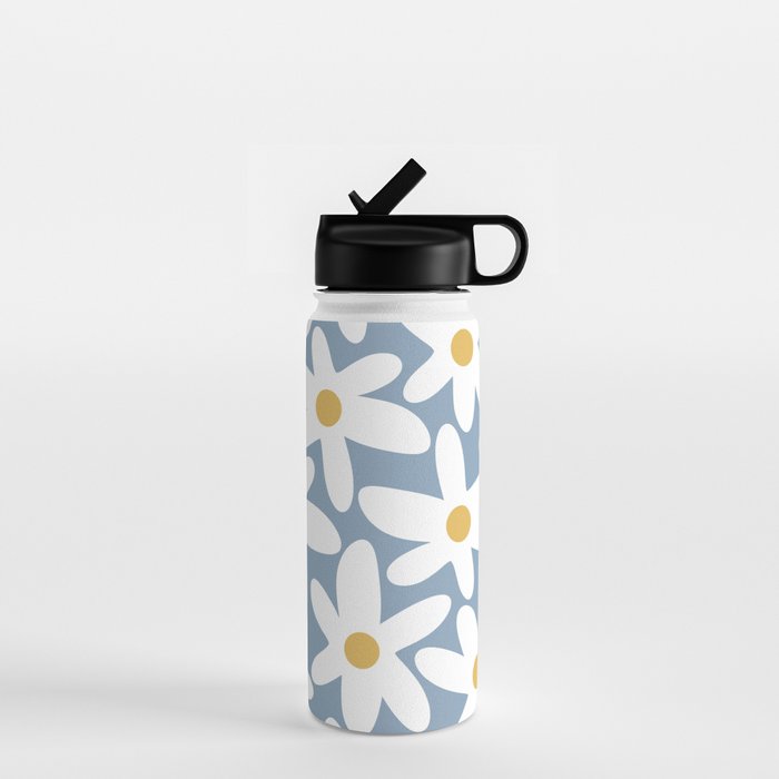 Daisy Time Retro Floral Pattern in Light Blue, White, and Mustard Water Bottle Gallery Image 1
