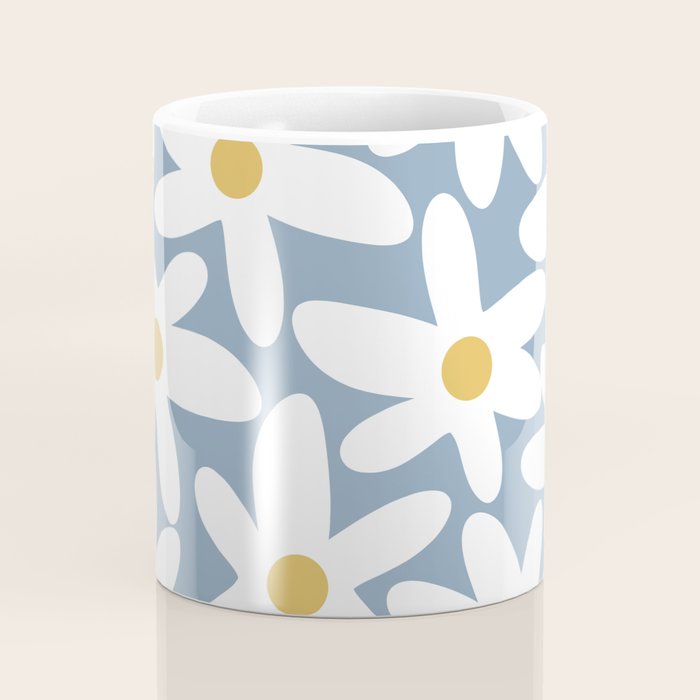 Daisy Time Retro Floral Pattern in Light Blue, White, and Mustard Coffee Mug Gallery Image 4