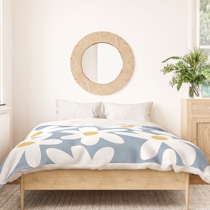 Daisy Time Retro Floral Pattern in Light Blue, White, and Mustard Duvet Cover Gallery Image 3