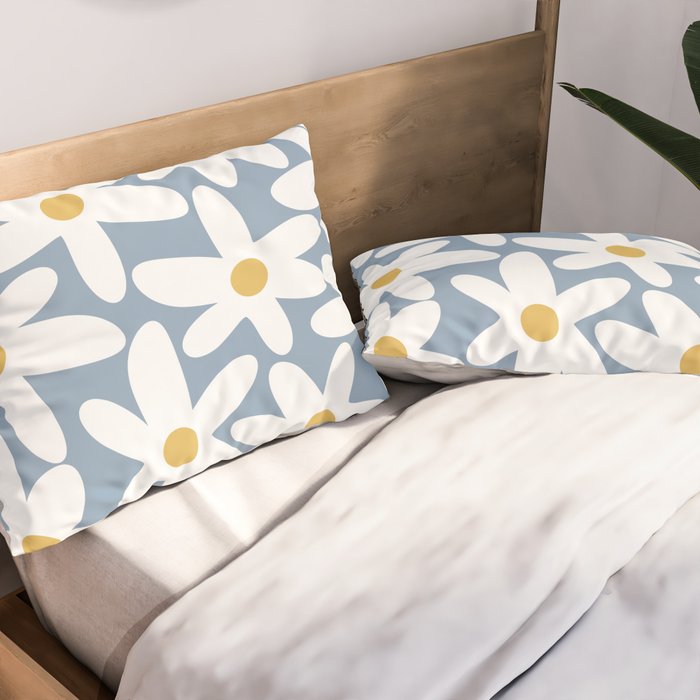 Daisy Time Retro Floral Pattern in Light Blue, White, and Mustard Pillow Sham Gallery Image 2