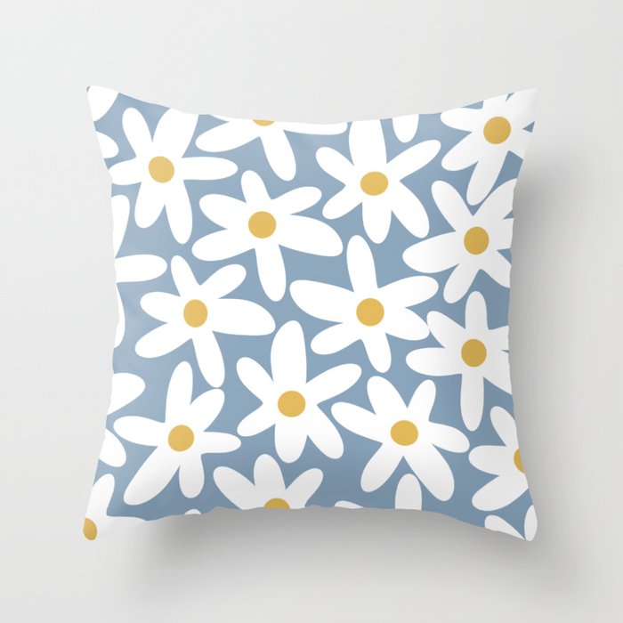 Daisy Time Retro Floral Pattern in Light Blue, White, and Mustard Throw Pillow Gallery Image 6