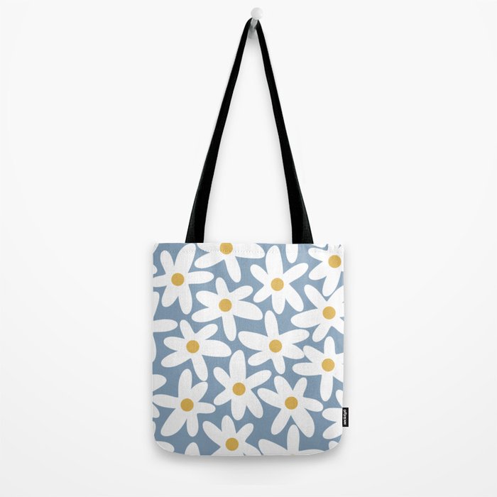 Daisy Time Retro Floral Pattern in Light Blue, White, and Mustard Tote Bag Gallery Image 2