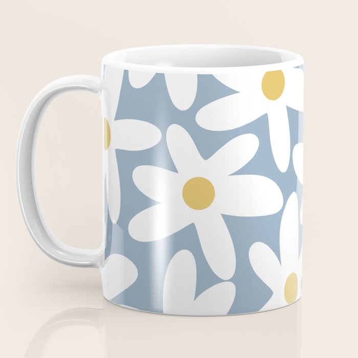 Daisy Time Retro Floral Pattern in Light Blue, White, and Mustard Coffee Mug Gallery Image 3