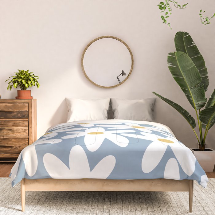 Daisy Time Retro Floral Pattern in Light Blue, White, and Mustard Comforter Gallery Image 3
