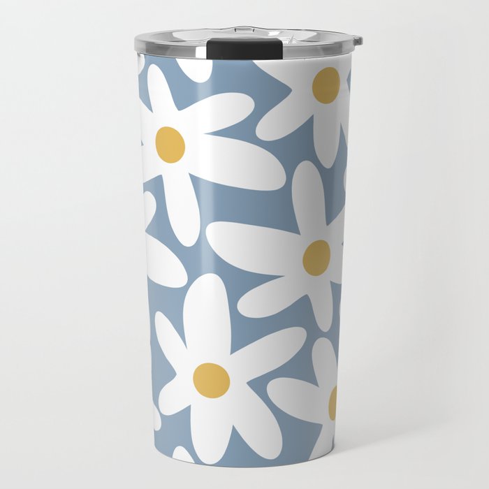 Daisy Time Retro Floral Pattern in Light Blue, White, and Mustard Travel Mug Gallery Image 1