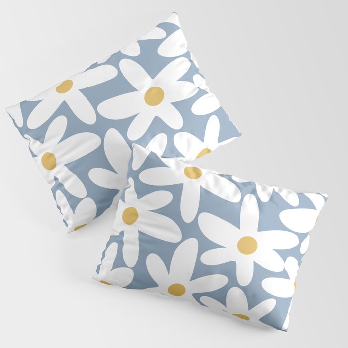 Daisy Time Retro Floral Pattern in Light Blue, White, and Mustard Pillow Sham Gallery Image 3