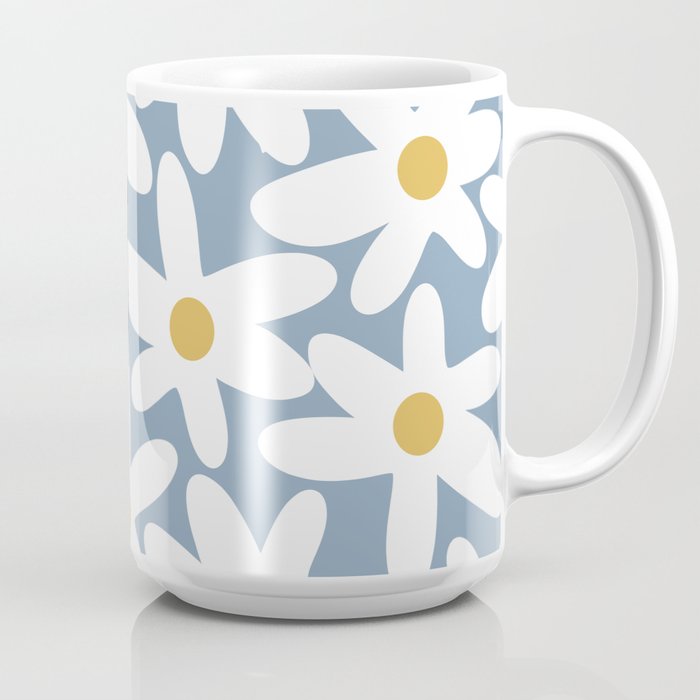 Daisy Time Retro Floral Pattern in Light Blue, White, and Mustard Coffee Mug Gallery Image 2