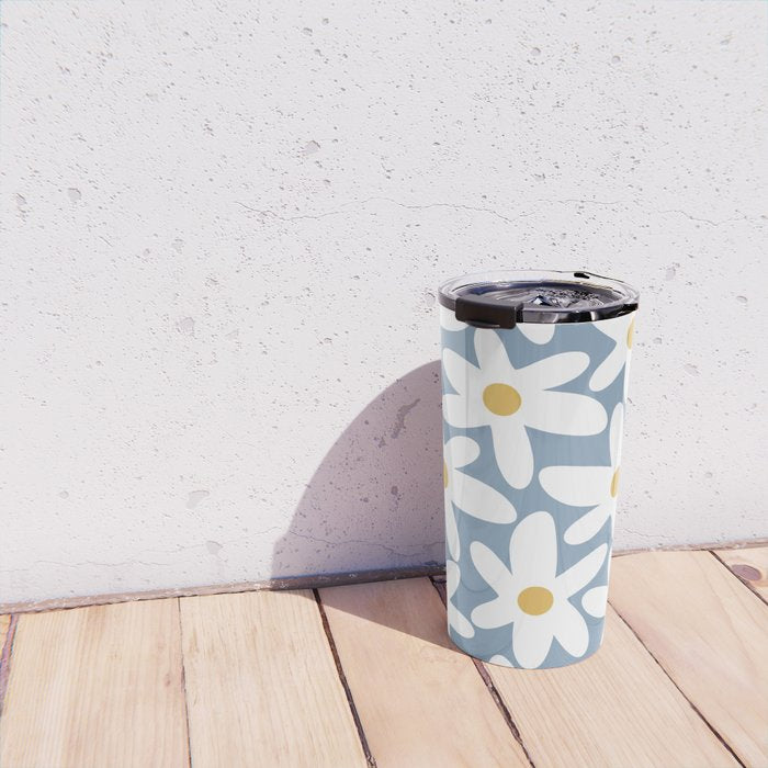 Daisy Time Retro Floral Pattern in Light Blue, White, and Mustard Travel Mug Gallery Image 4