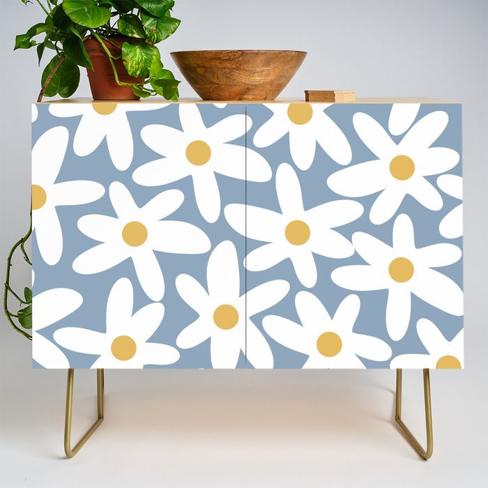Daisy Time Retro Floral Pattern in Light Blue, White, and Mustard Credenza Gallery Image 1
