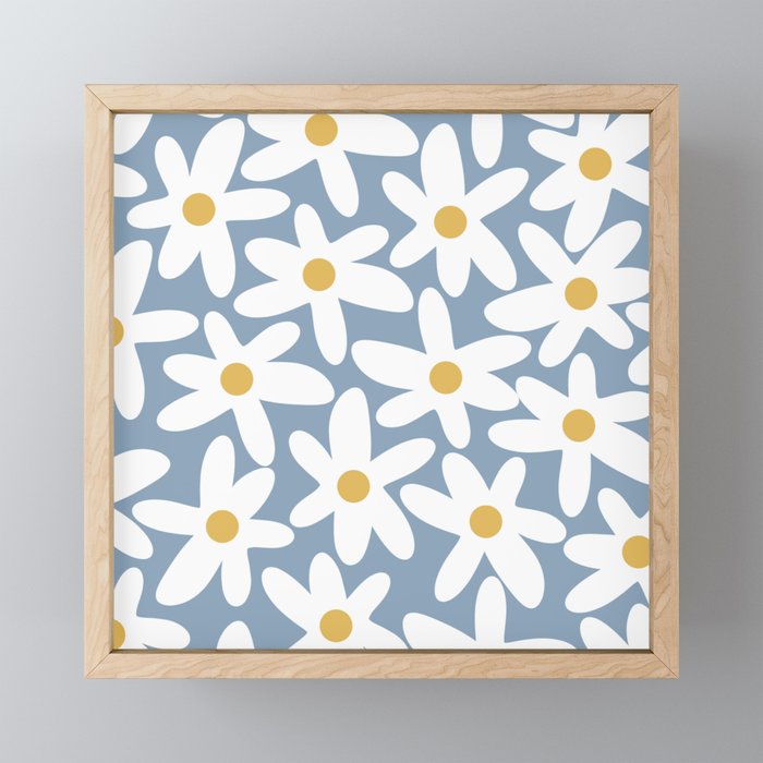 Daisy Time Retro Floral Pattern in Light Blue, White, and Mustard Mini Art Print Gallery Image 1