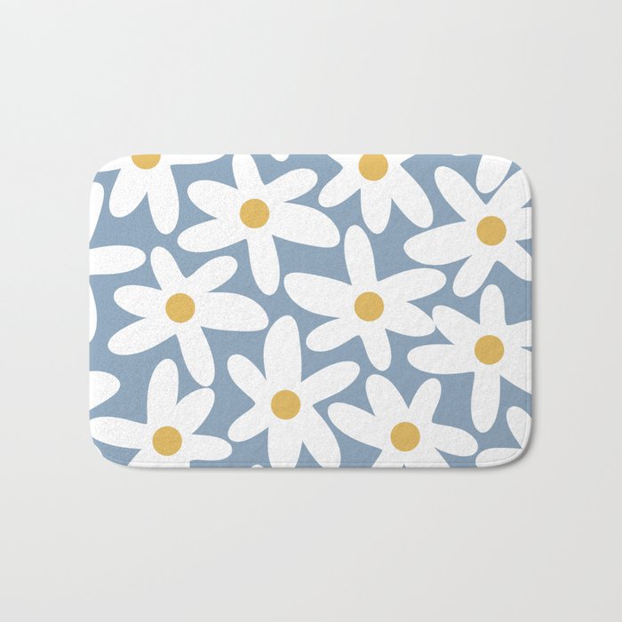 Daisy Time Retro Floral Pattern in Light Blue, White, and Mustard Bath Mat Gallery Image 1