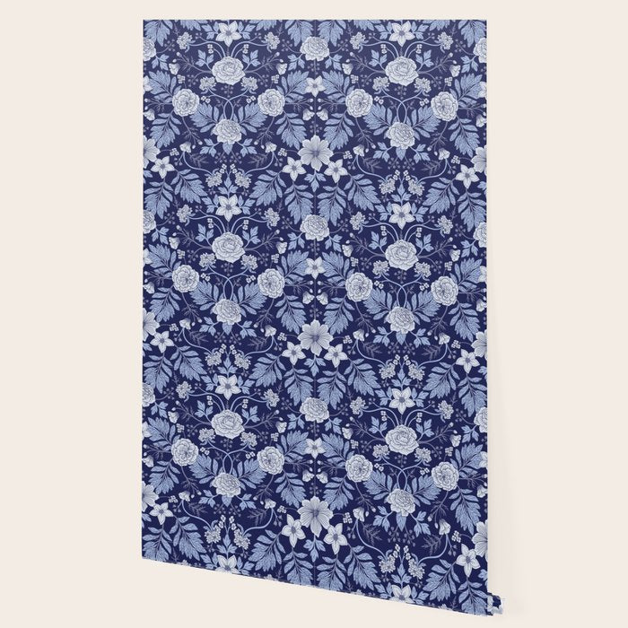 Light Blue, Cobalt Blue, & White Floral Pattern Wallpaper Gallery Image 2