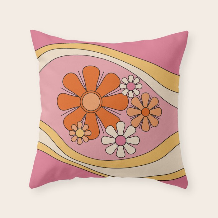 Groovy Floral Daydream Retro 60s 70s Flowers Pink Orange Yellow Throw Pillow Gallery Image 6