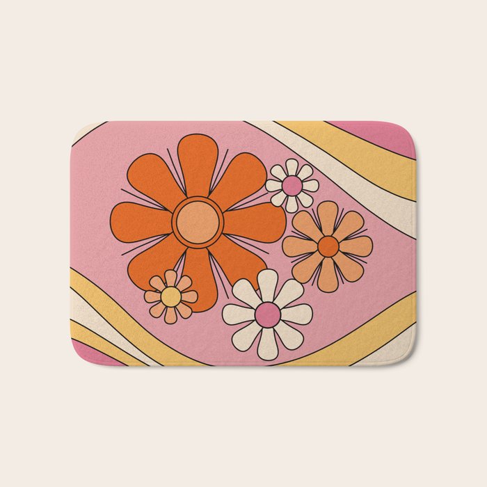 Groovy Floral Daydream Retro 60s 70s Flowers Pink Orange Yellow Bath Mat Gallery Image 1