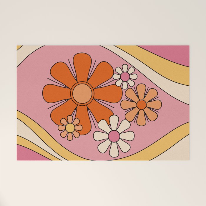 Groovy Floral Daydream Retro 60s 70s Flowers Pink Orange Yellow Welcome Mat Gallery Image 1