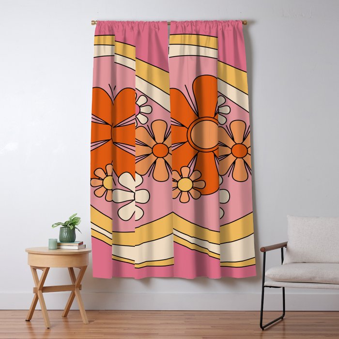 Groovy Floral Daydream Retro 60s 70s Flowers Pink Orange Yellow Window Curtain Gallery Image 5