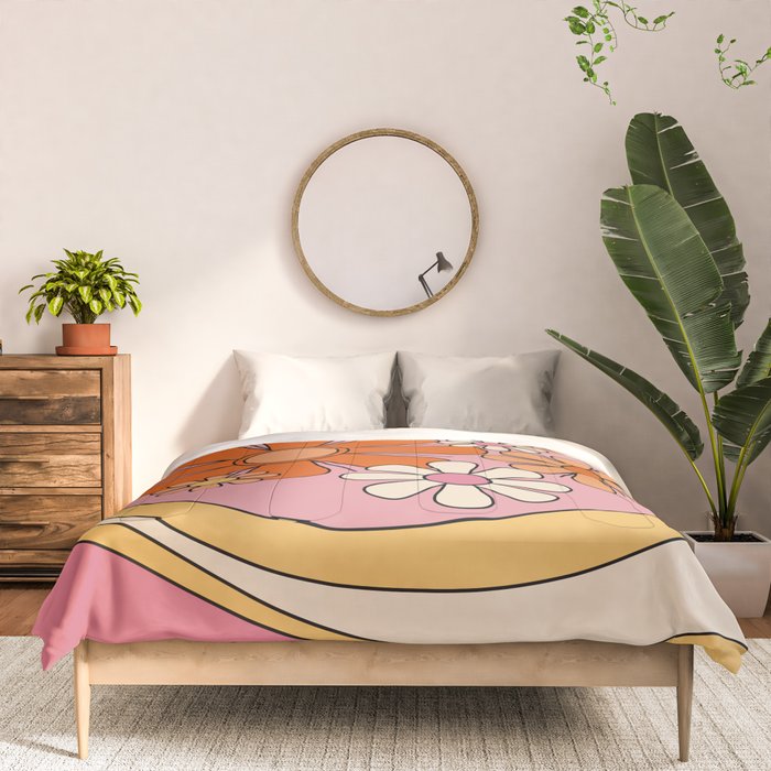Groovy Floral Daydream Retro 60s 70s Flowers Pink Orange Yellow Comforter Gallery Image 3