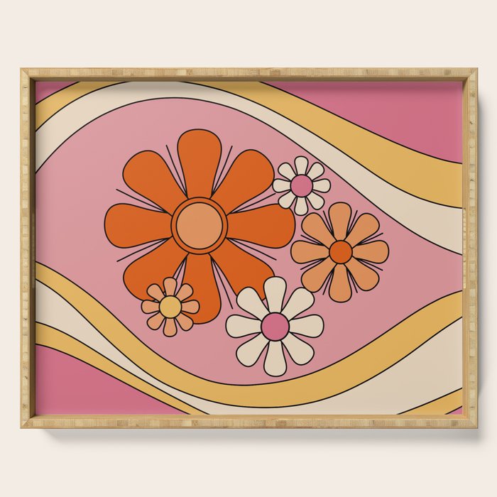 Groovy Floral Daydream Retro 60s 70s Flowers Pink Orange Yellow Serving Tray Gallery Image 1